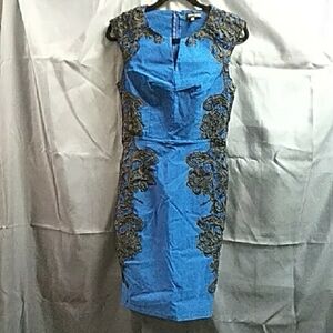 Blue Sheath Midi Dress with Lace Overlay 8 London Dress Company